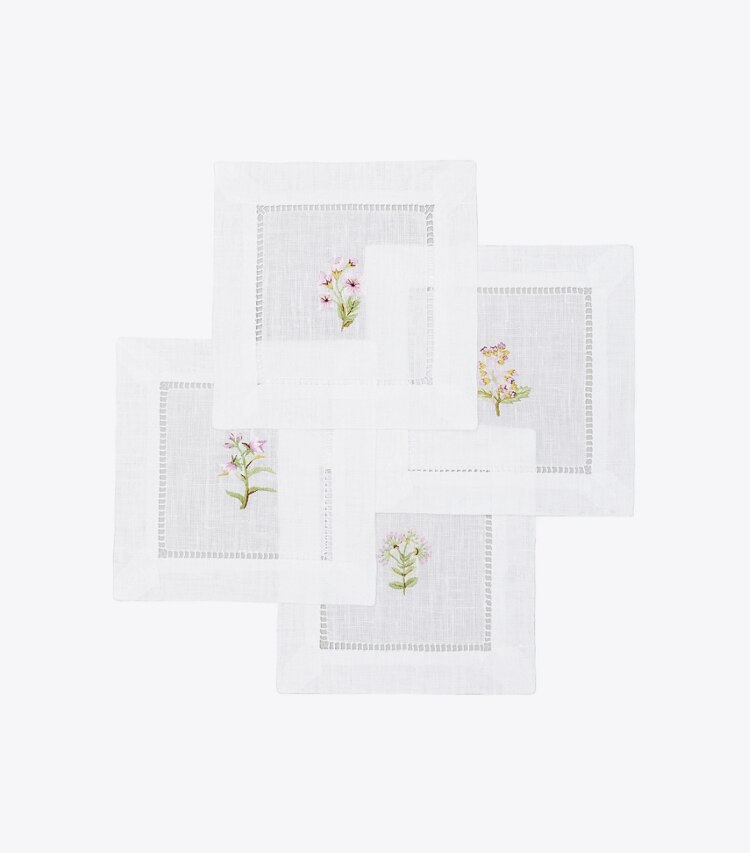 Linen Cocktail Napkin with Floral Embroidery