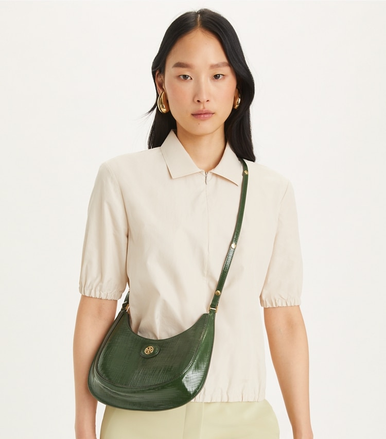 Tory Burch designer shoulder bags Limited Edition Crescent Bag in Dark Everglade accessory on model