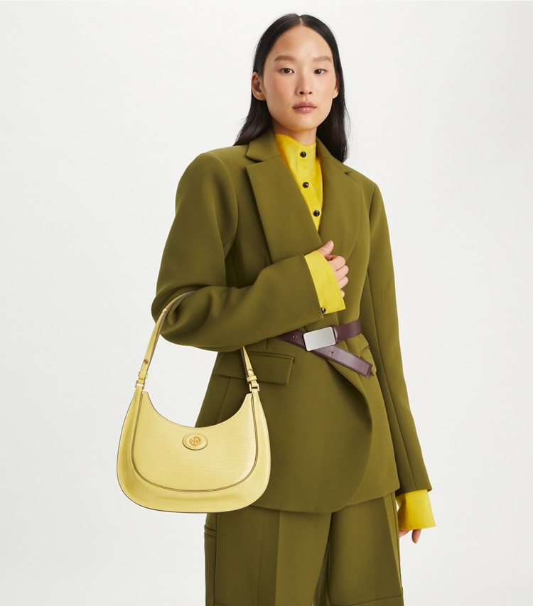 Tory Burch designer shoulder bags Limited Edition Crescent Bag in Butter Mint accessory on model