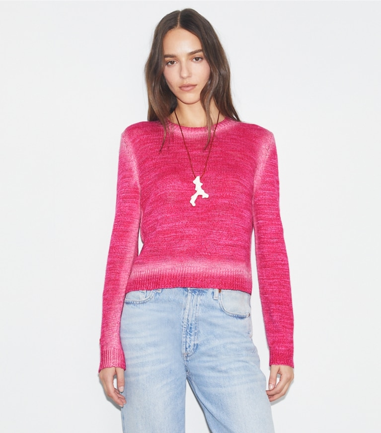 Tory Burch designer sweaters Linen and Silk Pullover in Bold Pink front
