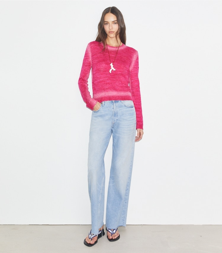 Tory Burch designer sweaters Linen and Silk Pullover in Bold Pink on model front