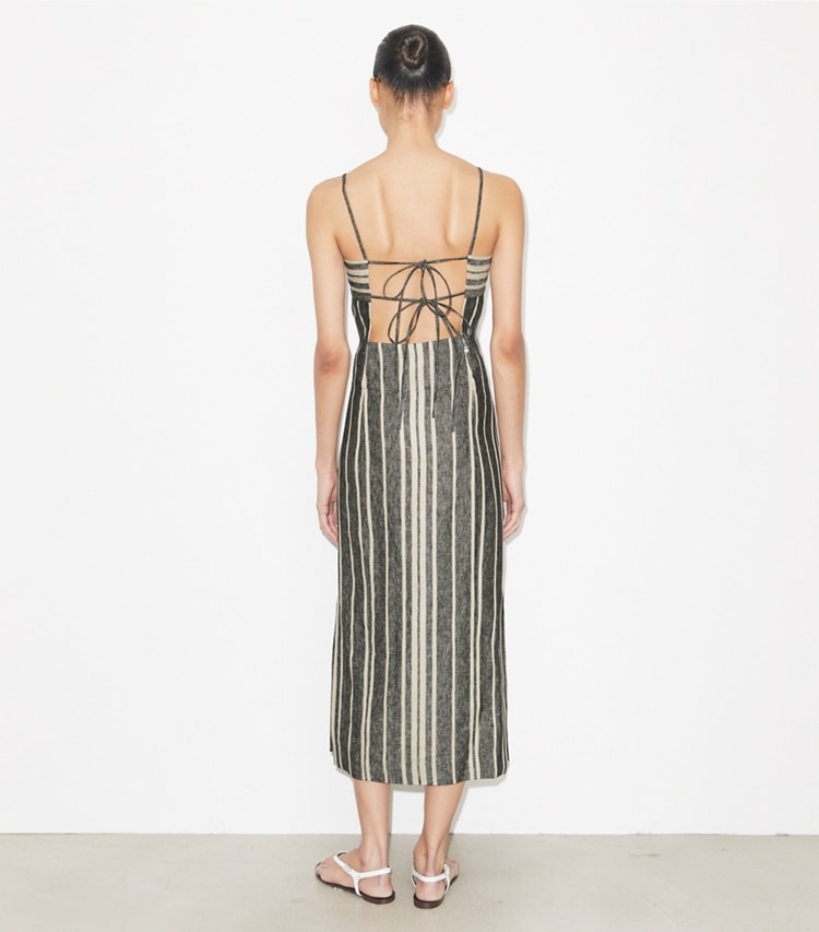 Tory Burch designer coverups Linen Backless Dress in Black / Ivory on model back