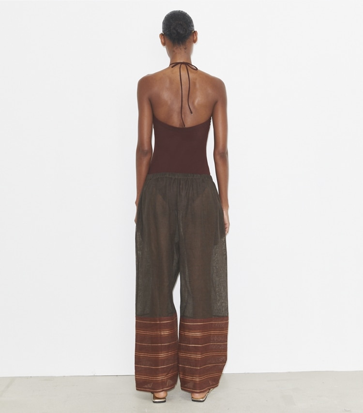 Tory Burch designer coverups Linen Beach Pant in Dark Mocha / Orange Crisp Stripe on model back