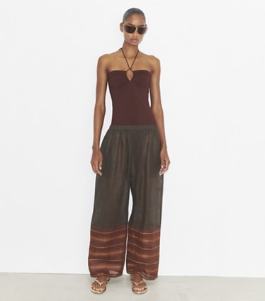 Tory Burch designer coverups Linen Beach Pant in Dark Mocha / Orange Crisp Stripe on model front