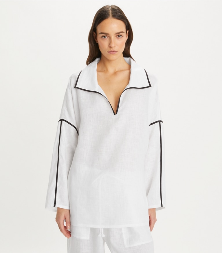 Tory Burch designer coverups Linen Beach Shirt in White front