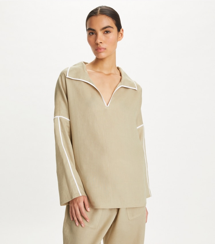 Tory Burch designer coverups Linen Beach Shirt in Sandpiper on model detail