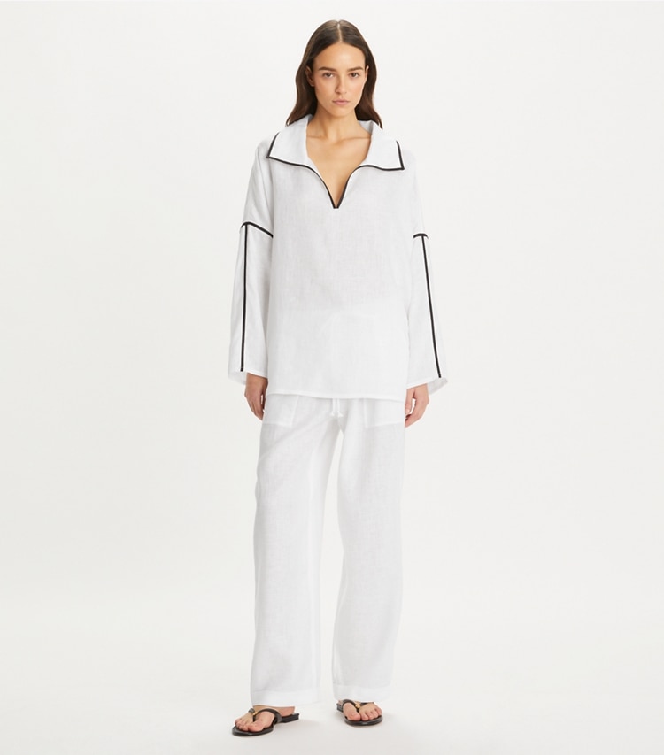Tory Burch designer coverups Linen Beach Shirt in White on model front