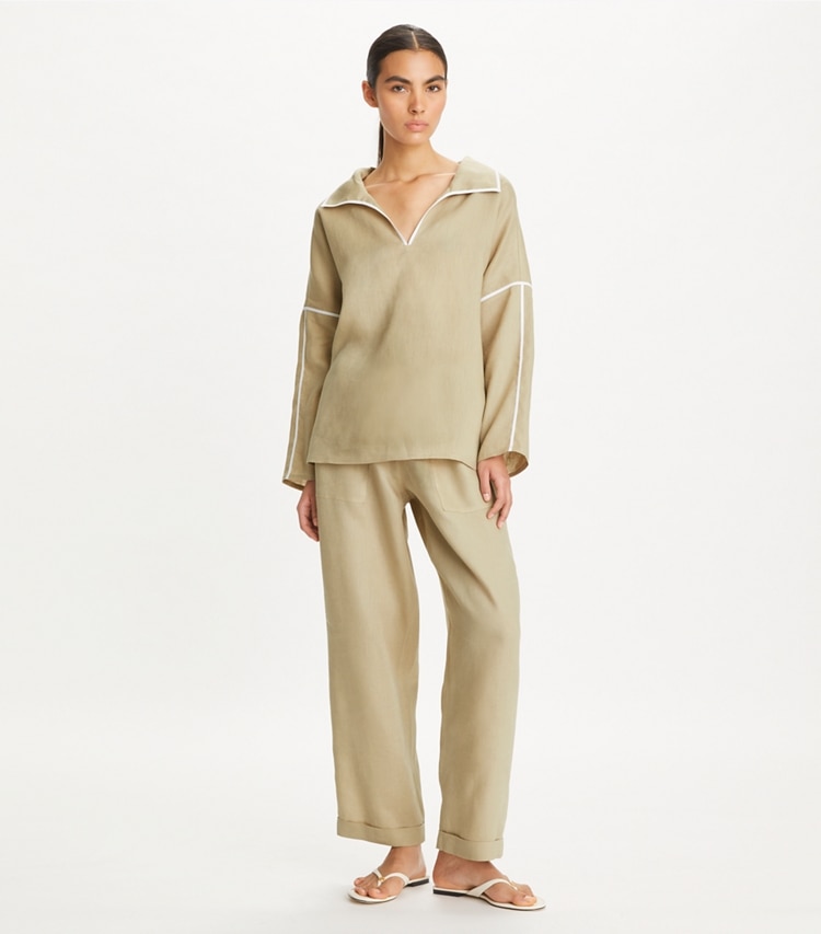 Tory Burch designer coverups Linen Beach Shirt in Sandpiper on model front