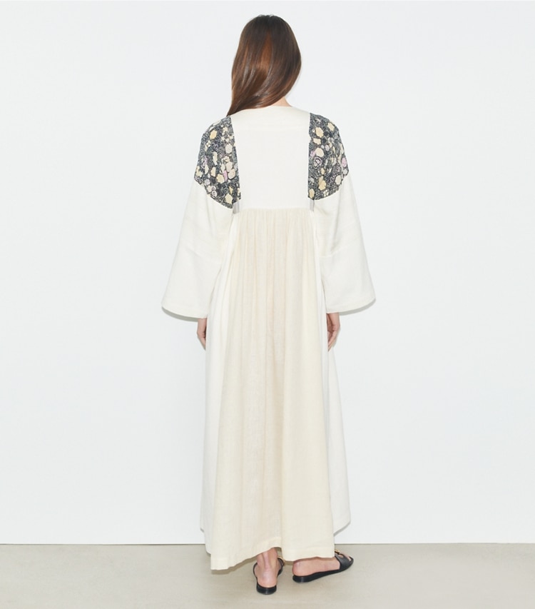 Tory Burch designer coverups Linen Caftan in French Cream on model back