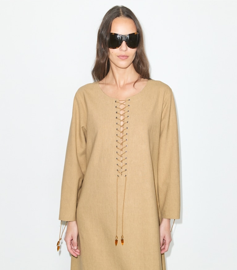 Tory Burch designer coverups Linen Caftan in Sand on model detail