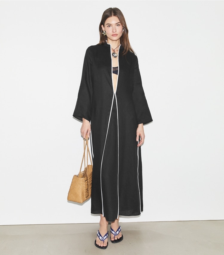 Tory Burch designer coverups Linen Caftan in Black / White on model front