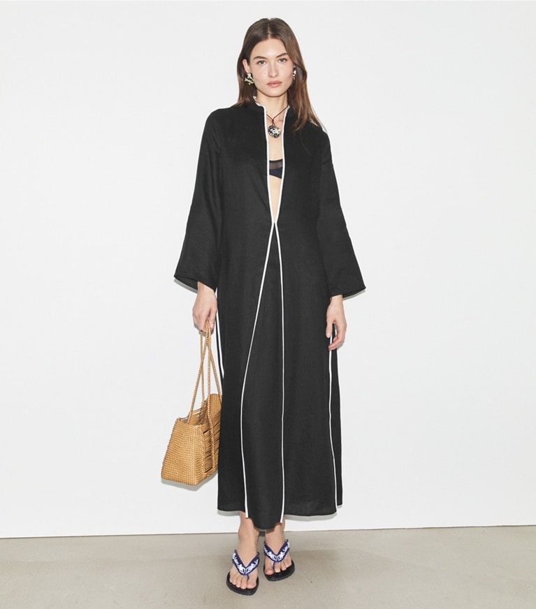 Tory Burch designer coverups Linen Caftan in Black / White front