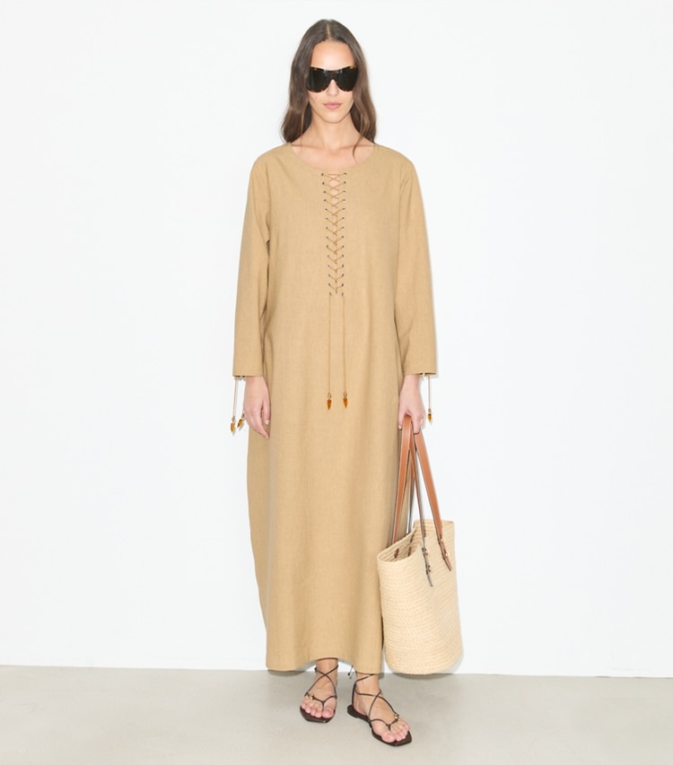 Tory Burch designer coverups Linen Caftan in Sand on model front
