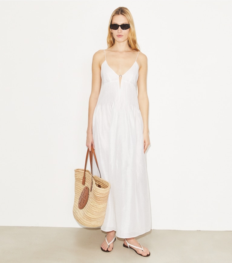 Tory Burch designer coverups Linen Dress in White on model front