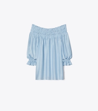 Tory Burch designer coverups Linen Ruffle Top in Light Blue Sky front