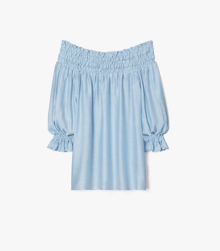 Tory Burch designer coverups Linen Ruffle Top in Light Blue Sky front