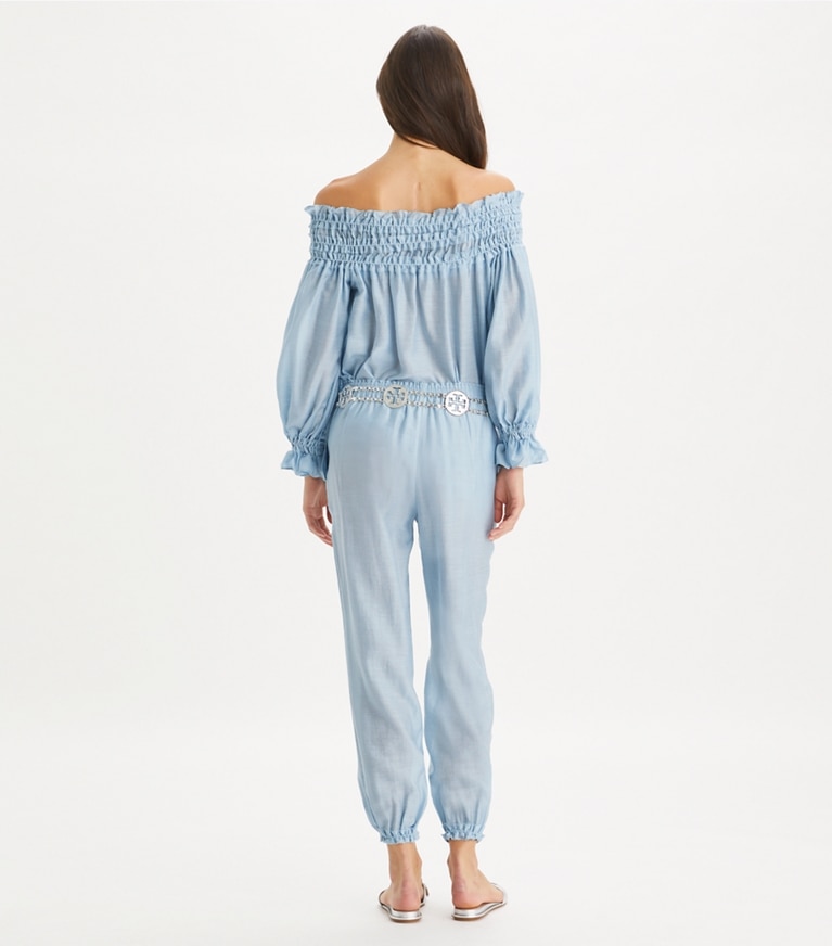 Tory Burch designer coverups Linen Ruffle Top in Light Blue Sky front