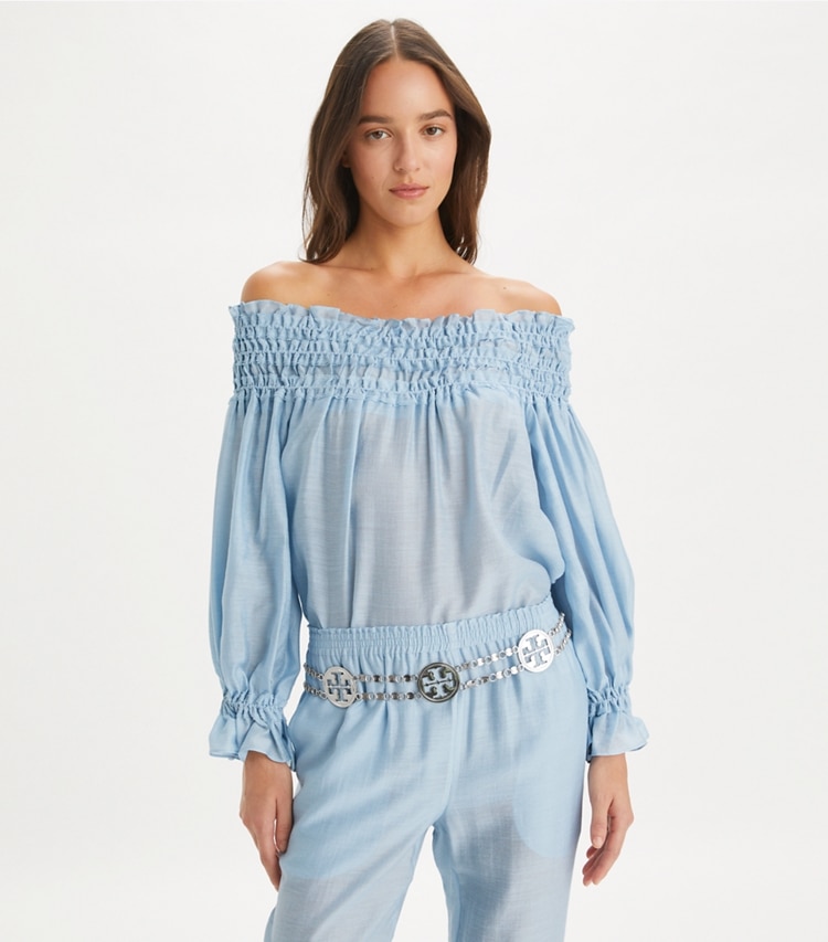 Tory Burch designer coverups Linen Ruffle Top in Light Blue Sky on model detail