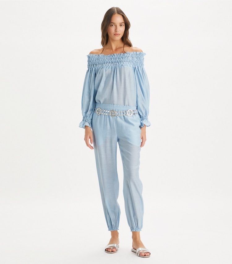 Tory Burch designer coverups Linen Ruffle Top in Light Blue Sky on model front
