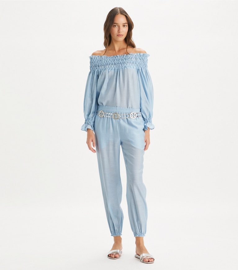 Tory Burch designer coverups Linen Ruffle Top in Light Blue Sky front