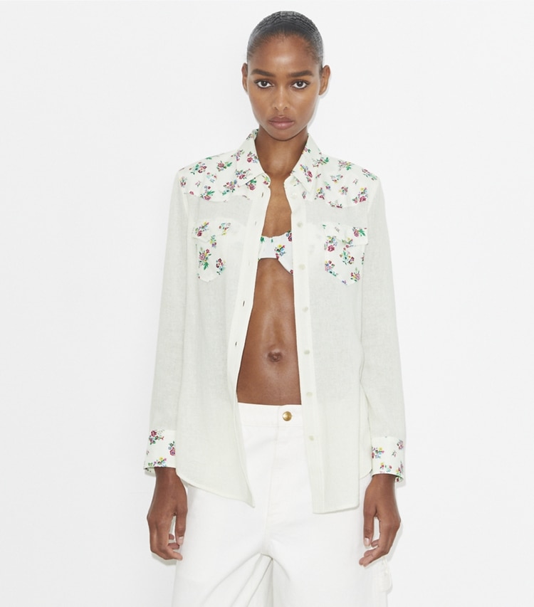 Tory Burch designer coverups Linen Shirt in Multi Ditsy Floral on model detail