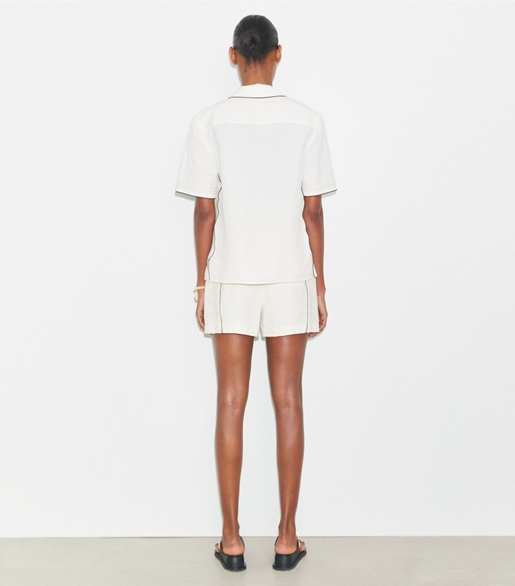 Tory Burch designer bottoms Linen Short in White on model back