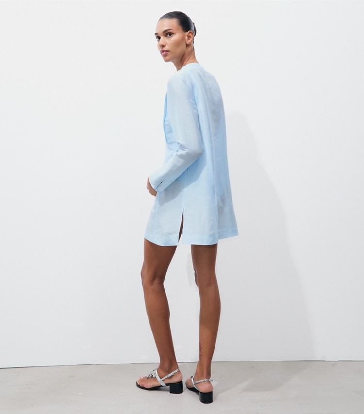 Tory Burch designer coverups Linen Silk Tunic in Frozen Sky on model back
