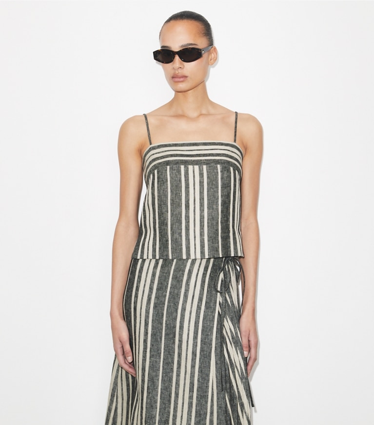 Tory Burch designer coverups Linen Slip Tank Top in Black / Ivory on model detail