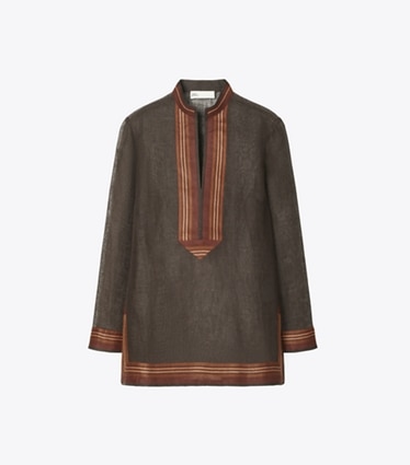 Tory Burch designer coverups Linen Tory Tunic in Dark Mocha front