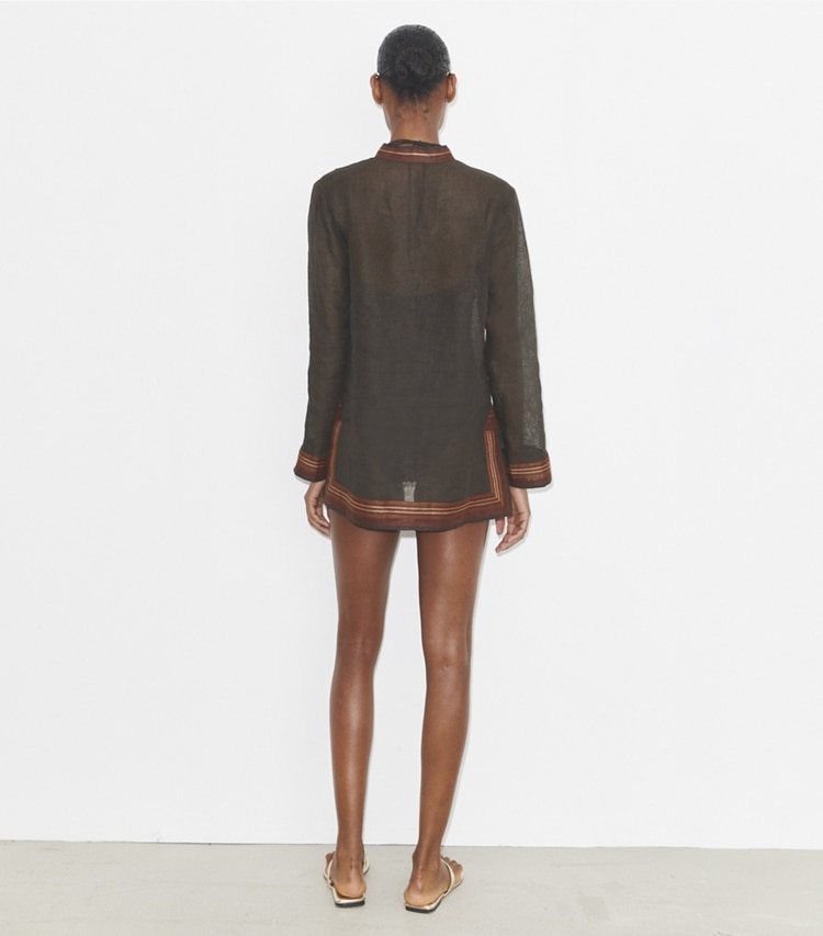 Tory Burch designer coverups Linen Tory Tunic in Dark Mocha on model back