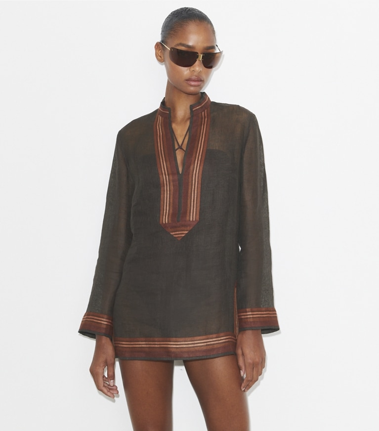 Tory Burch designer coverups Linen Tory Tunic in Dark Mocha front
