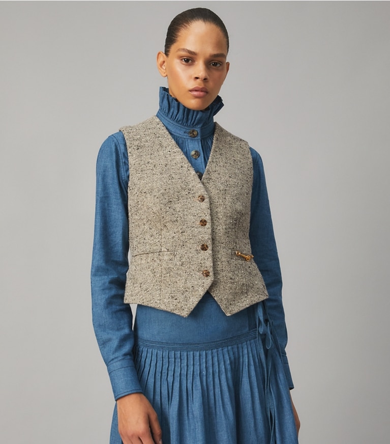 Tory Burch designer coats Linen Wool Vest in GREY front