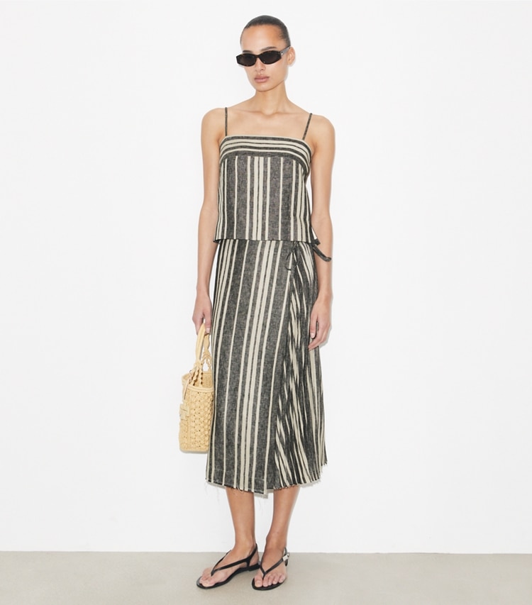 Tory Burch designer coverups Linen Wrap Skirt in Black / Ivory on model front