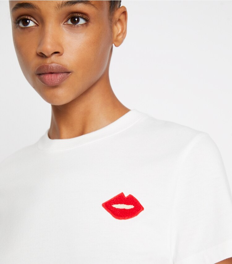 Tory Sport designer tops Lips T-Shirt in Snow White on model detail