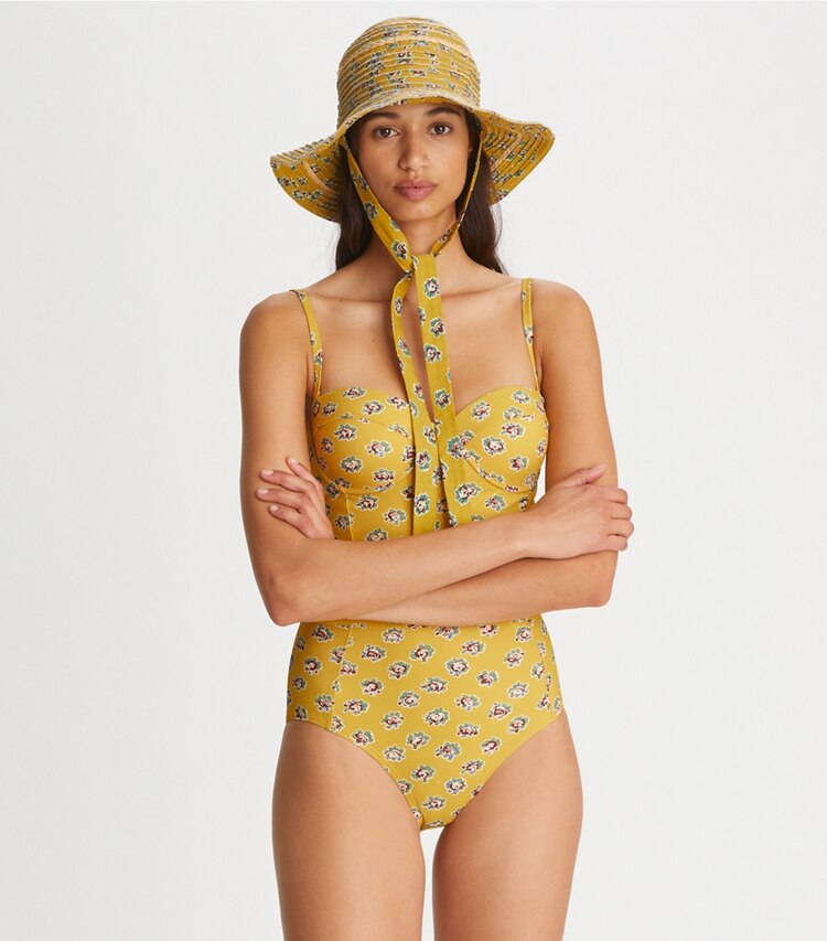 Tory Burch designer one pieces Lipsi Printed One-Piece in Yellow Garden Rose on model detail