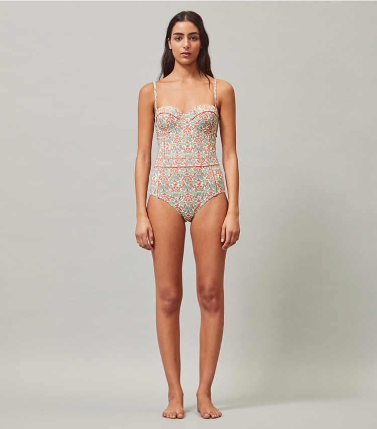 Tory Burch designer one pieces Lipsi Printed One-Piece Swimsuit in Legacy Paisley on model front