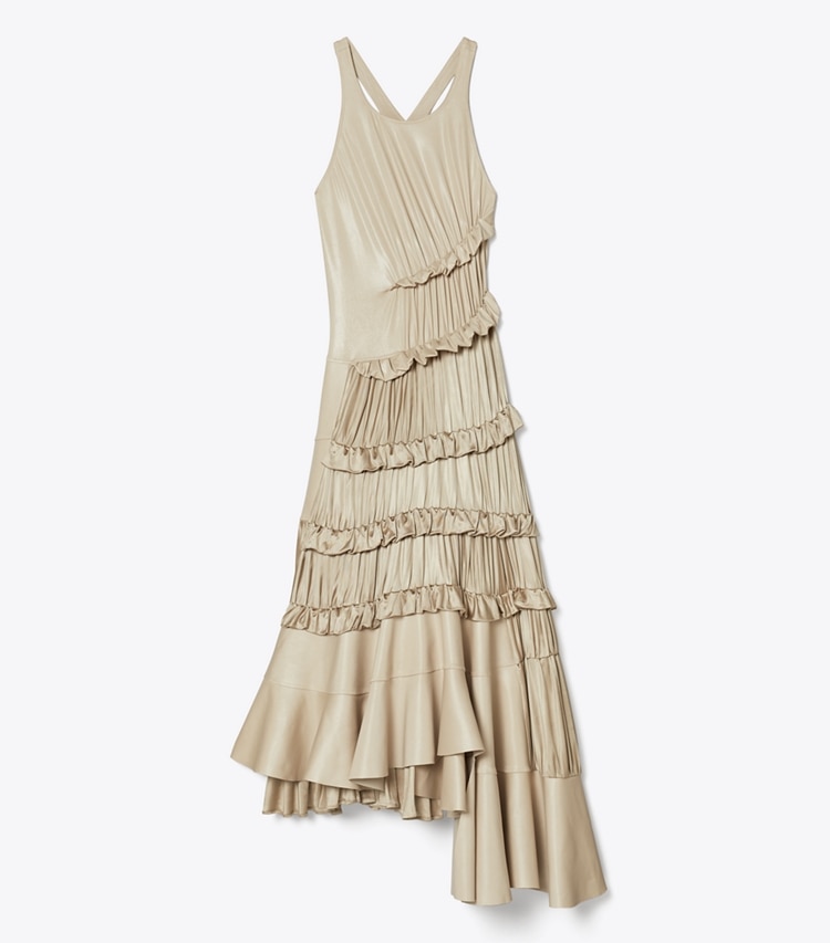 Tory Burch designer dresses Liquid Jersey Ruffle Dress in Beige Sky front