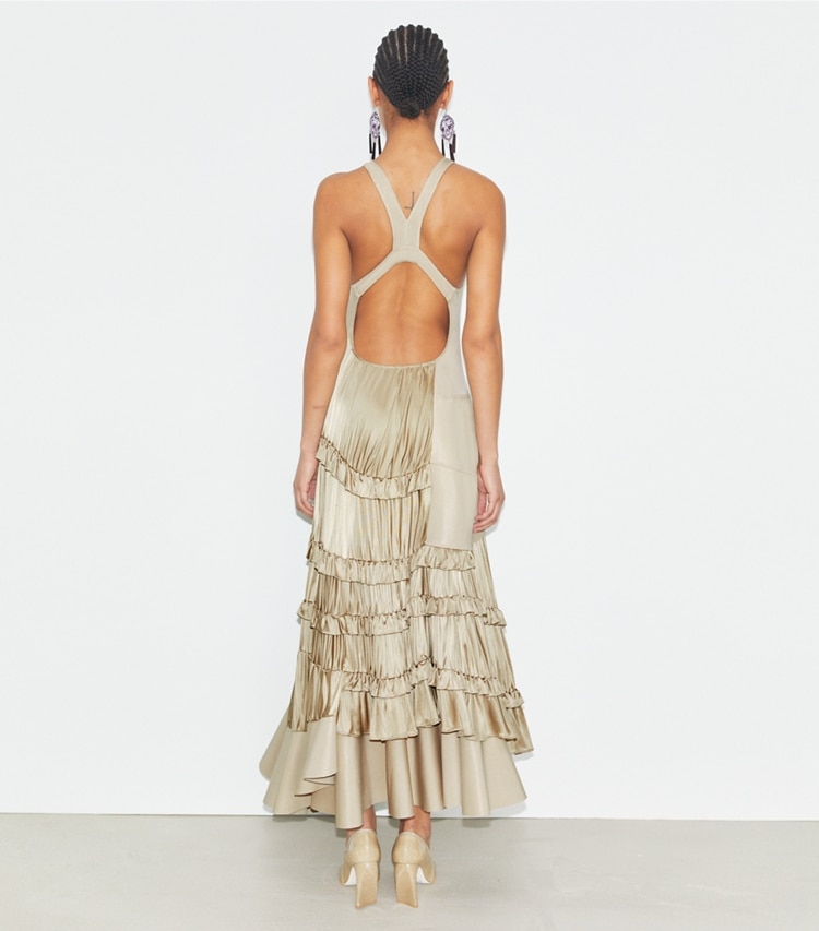 Tory Burch designer dresses Liquid Jersey Ruffle Dress in Beige Sky on model back