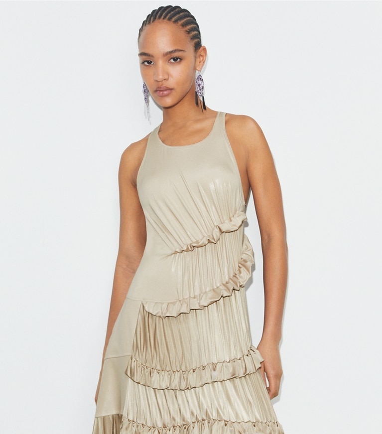 Tory Burch designer dresses Liquid Jersey Ruffle Dress in Beige Sky front