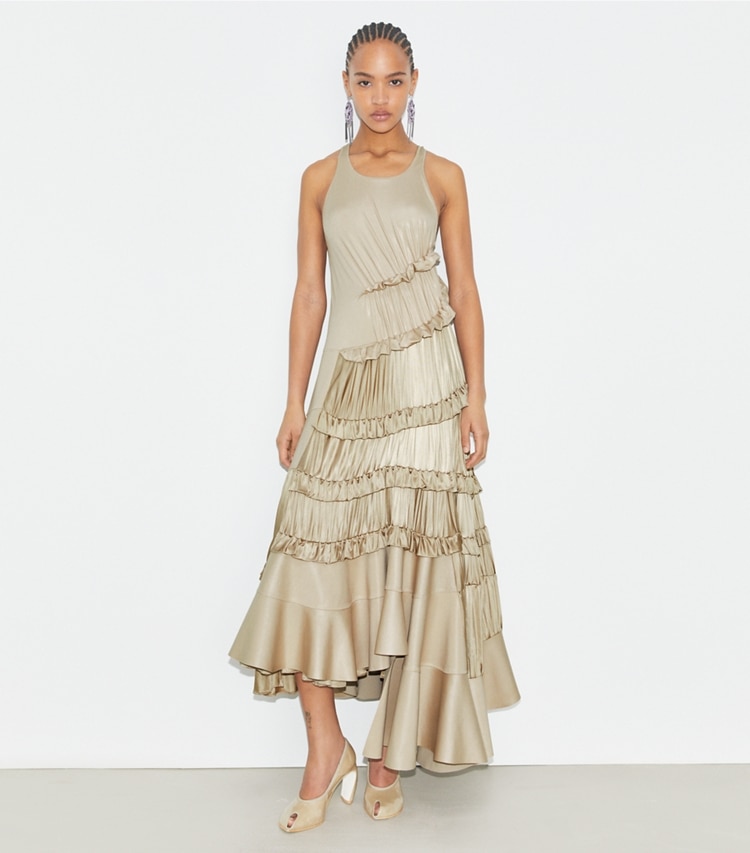Tory Burch designer dresses Liquid Jersey Ruffle Dress in Beige Sky on model front