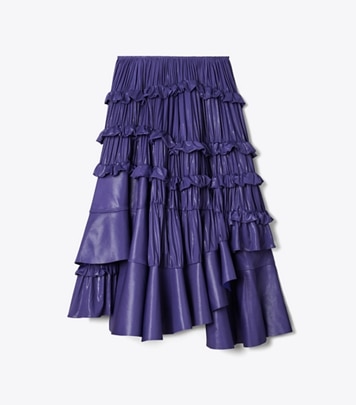 Tory Burch designer bottoms Liquid Jersey Ruffle Skirt in Ballpoint Blue front