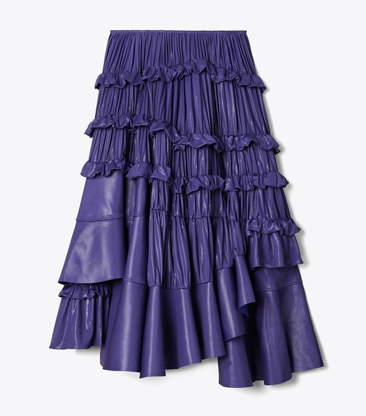 Tory Burch designer bottoms Liquid Jersey Ruffle Skirt in Ballpoint Blue front