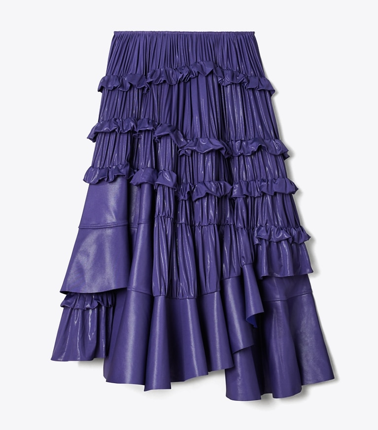 Tory Burch designer bottoms Liquid Jersey Ruffle Skirt in Ballpoint Blue front