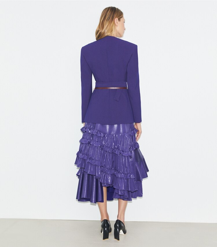 Tory Burch designer bottoms Liquid Jersey Ruffle Skirt in Ballpoint Blue on model back