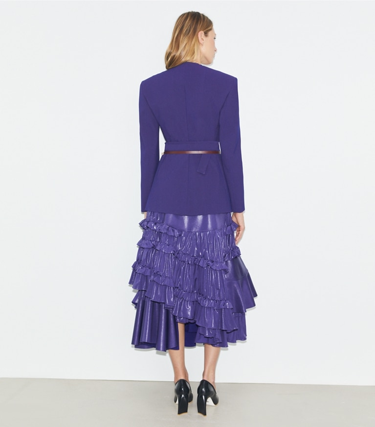 Tory Burch designer bottoms Liquid Jersey Ruffle Skirt in Ballpoint Blue front