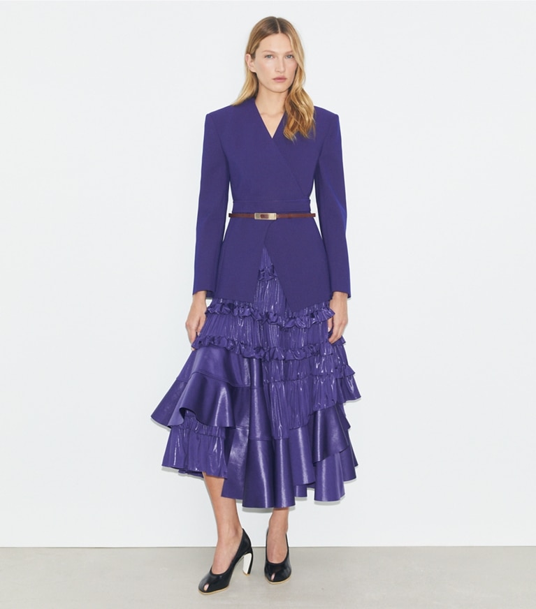 Tory Burch designer bottoms Liquid Jersey Ruffle Skirt in Ballpoint Blue front