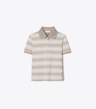 Tory Burch designer トップス ストライプ コットン ポロシャツ in Taupe Stripe front
