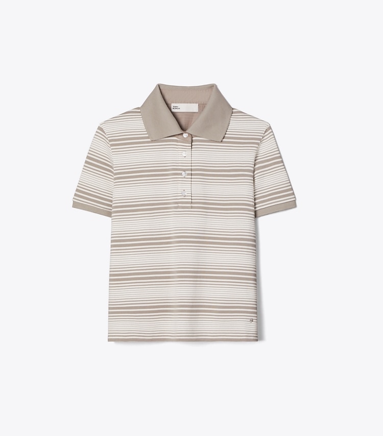 Tory Burch designer tops Little Grumps Cotton Polo in Taupe Stripe front