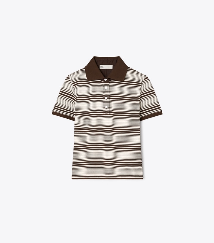 Tory Burch designer tops Little Grumps Cotton Polo in Chocolate Stripe front