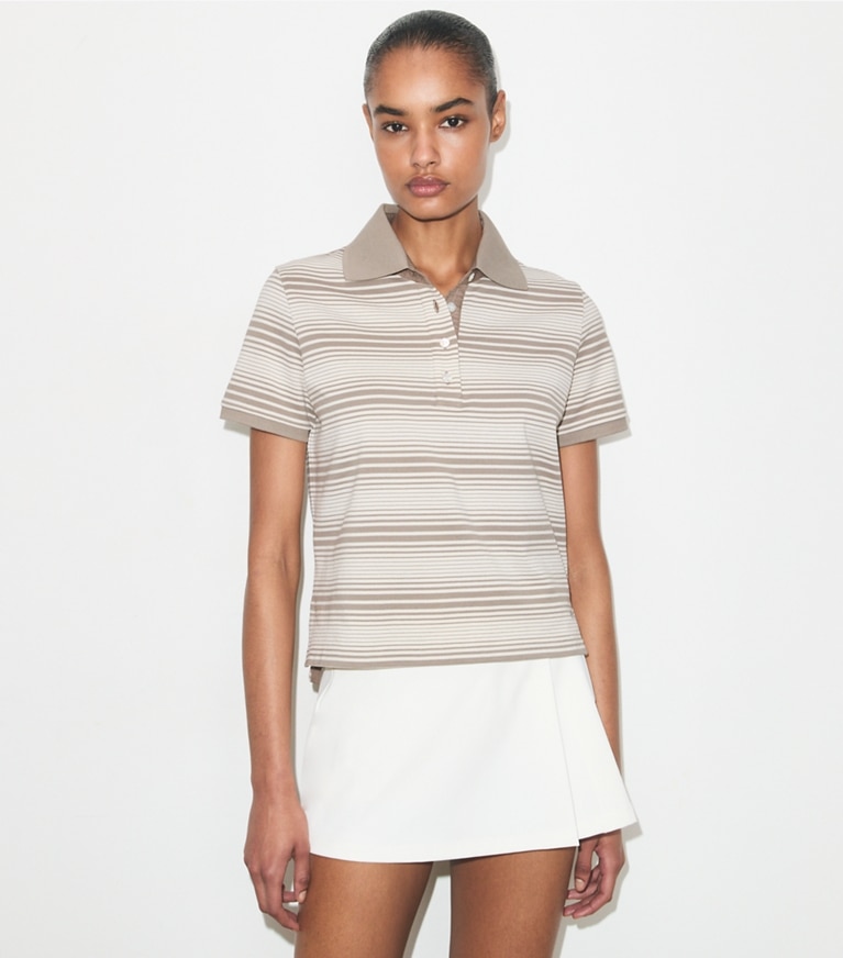 Tory Burch designer tops Little Grumps Cotton Polo in Taupe Stripe on model detail